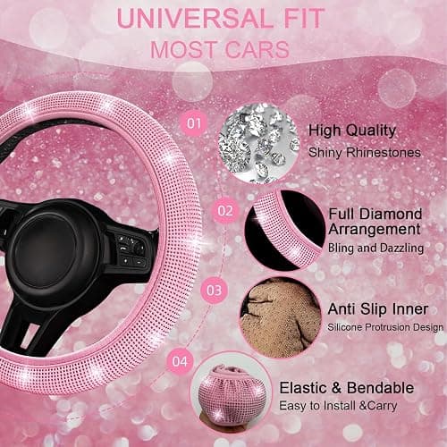 NBTEPEM 30 Pcs Pink Bling Car Accessories Set for Women, Pink Steering Wheel Cover Set, Bling Console Cover, Seat Belt Cushion, Shift Knob Cushion, Cup Coaster, Rhinestone Car Hanging Accessories thumbnail 2