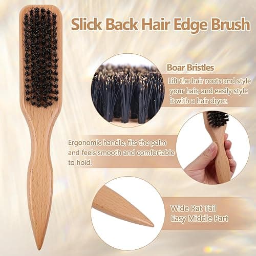 OWIIZI Slick Back Hair Brush for Smoothing Ponytail, Soft Boar Bristle Styling Edge Control Brush for Sleek Hair, Wooden Rat Tail Pointed Handle Wax Stick for Hair, Teasing Hair Brush for Men Women thumbnail 3