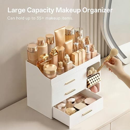 HBlife Makeup Organizer Countertop with Brush Holder,Large Bathroom Counter Organizer with Drawers,Skincare Organizers for Vanity,Plastic Dresser Organizer Storage Gift for Women Girl Mom,All White thumbnail 3
