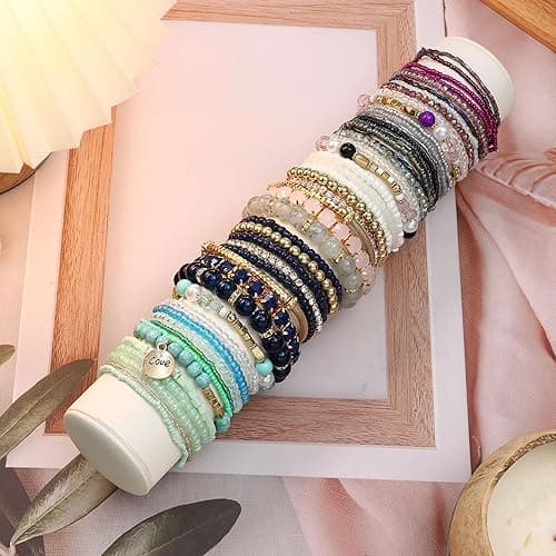 LOYALLOOK 6 Sets Bohemian Stackable Bead Bracelets for Women Stretch Bohemian Style Stretch Multilayered Boho Bracelet Set thumbnail 7
