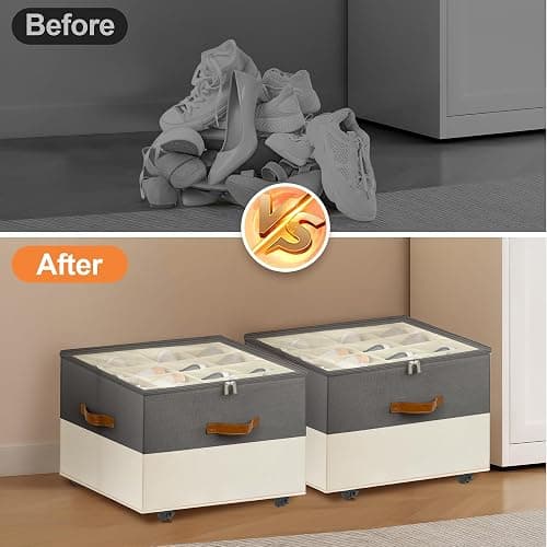 Foyego 2 Pack Shoe Organizer for Closet, with Wheels, Beige and Grey | Fits 32 Pairs, with Adjustable Dividers and Clear Cover, Saving Space Foldable Fabric Closet Shoe Storage Organizer Box Bins thumbnail 6