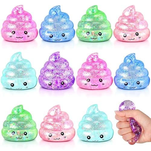 Meooeck 12 Pack Novelty Poop Stress Balls Maltose Glitter Poops Adult Stress Relief Balls Cute Sensory Fidget Funny Soft Squeeze Ball for Anxiety Autism ADHD Birthday Poop Party Favors Gift - Image 1