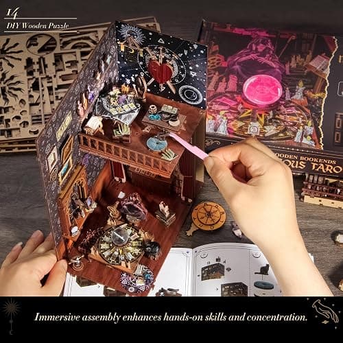 DIY Book Nook Kit, 3D Wooden Puzzle Booknook, Bookshelf Miniature House Kit Dollhouse, Tarot Divination Test, with LED Light, Dust Cover, Gift for Adults Teens (Mysterious Tarot) - Mysterious Tarot thumbnail 6