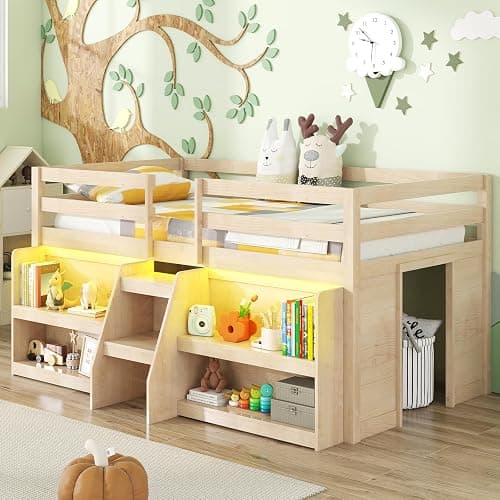 KOTEK Low Loft Bed with LED Lights, Twin Loft Bed with Storage Bookcase & Under-Bed Play Space, Stairs & Guardrails, Loft Bed Frame for Kids (Natural) - Image 1