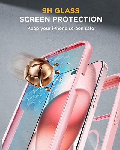 Miracase Glass Series for iPhone 15 Case [Compatible with MagSafe] Full-Body Magnetic Case with Built-in 9H Tempered Glass Anti-Fingerprint Screen Protector + Camera Lens Protector, Pink and Clear thumbnail 5