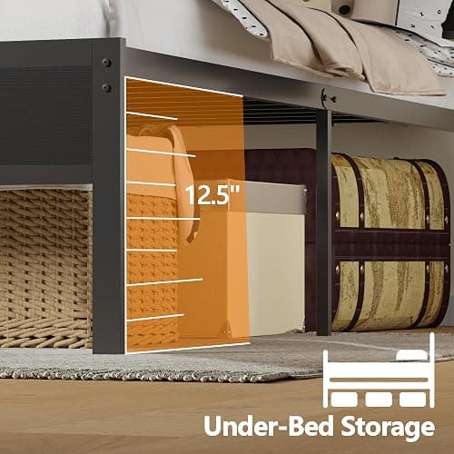Furnulem Full Size Bed Frame with LED Light and Charging Station, Wood Storage Headboard with 2-Tier Shelves, Metal Platform Bed with Heavy Duty Slats Support, No Box Spring Needed, Black Oak thumbnail 2