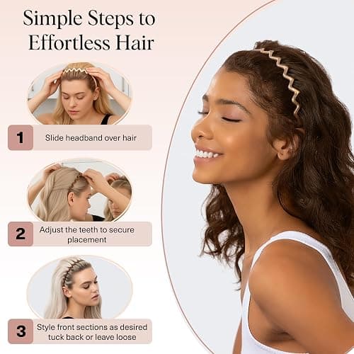 Kitsch Zig Zag Headbands for Women - Neutral, 2 pcs | Fashion Accessories for Slicked Back Styles | Comfortable Wavy Headbands | Comb Headband with Teeth thumbnail 7