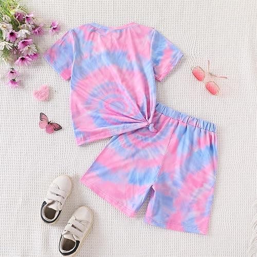 GOLLUNER 7-14Y Tween Girl Clothes 2 Piece Short Sleeve Tie Dye Heart Print Top and Shorts Teen Girl Summer Outfits Short Set thumbnail 7