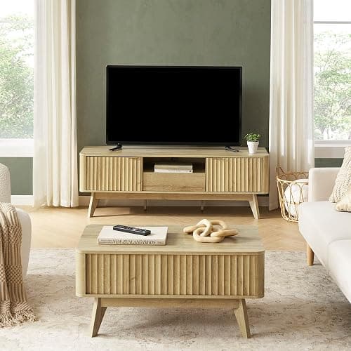 mopio Brooklyn Mid-Century Modern TV Stand, for TVs up to 50” / 59" Waveform Panel, Sleek Curved Profile with Adjustable Shelf and Sturdy Box Frame Leg (Golden Oak, 57") thumbnail 4