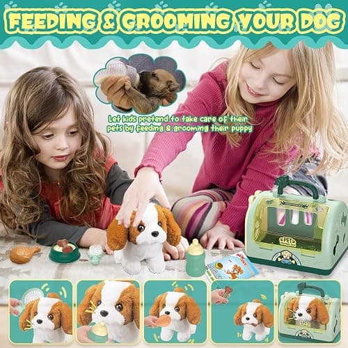 TEUVO Pet Care Play Set Robot Dog Toys for Kids, 12Pcs Kids Pretend Play Feeding Walk Bark Puppy Pet Toys with Interactive Electric Dog Plush & Cage, Xmas Gifts for Girls Toddlers 3 4 5 6 7 Years Old thumbnail 4