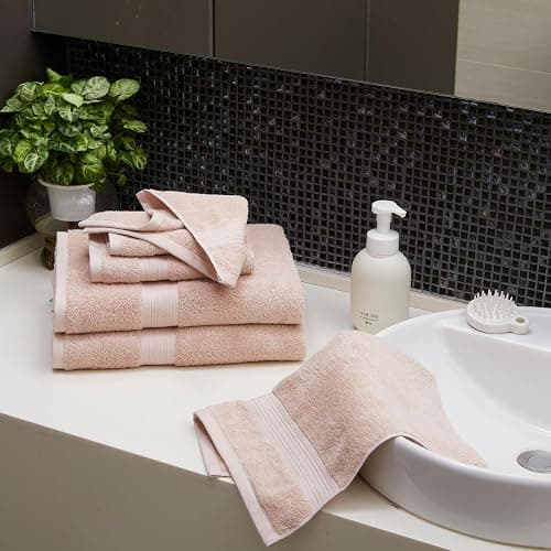 Amazon Basics Fade Resistant Bath, Hand and Washcloth Towel Set, 100% Cotton, Set of 6, 30 x 54 inches, Blush Pink thumbnail 2