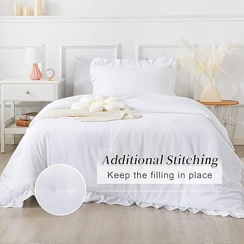 Andency White Comforter Twin Size, 2 Pieces Solid Farmhouse Shabby Chic Ruffle Bedding Comforters & Sets, All Season Soft Lightweight Fluffy Bed Set for Kids Girls Teens - White - Twin thumbnail 5