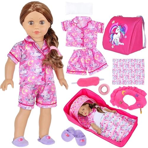 American Doll Travel Case Shoulder Bag for 18 Inch Dolls Accessories Set - Portable Bassinet with Pajamas & Rainbow Pony Handbag for Girl - Pillow Eye Mask Playset (Dolls Not Included) - Image 1