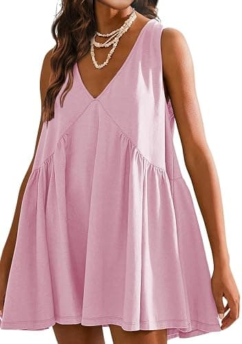 Tomosc Sleeveless Mini Dress for Women 2025 Summer Casual V Neck Sundress Loose Babydoll Dress with Pockets - Image 1