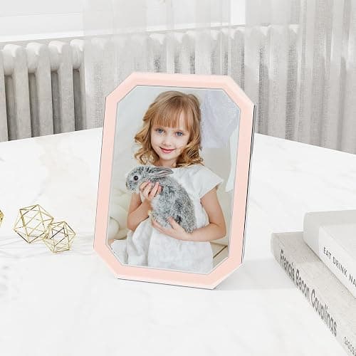 Venusmiles 5x7 Enamel Picture Frame, Octagonal Silver Metal Edge with Easel, High Definition Tempered Glass 5x7 Photo Frame for Wall and Tabletop Display Family Office Photo Gallery, Pink Enamel/1pc thumbnail 2