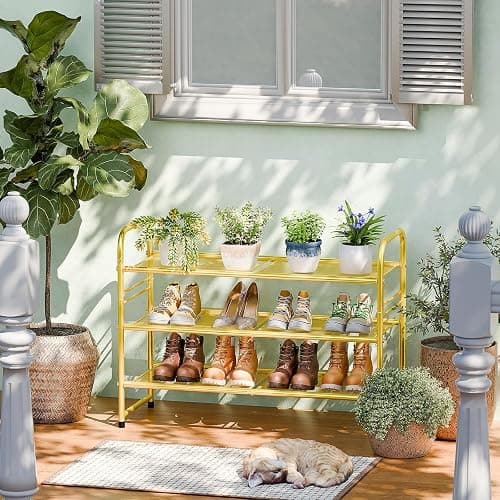 SUFAUY Shoe Rack for Closet, 33 inch Metal Shoe Shelf Heavy Duty, 3 Tier Mesh for Shoes, Gold thumbnail 2
