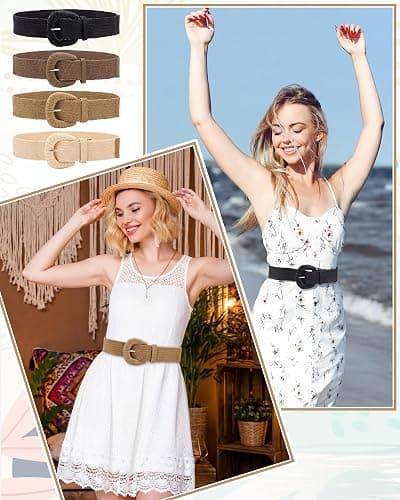 WILLBOND 4 Pcs Women Stretch Wide Straw Belt | Boho Raffia Woven with Rattan Buckle, Elastic Stretchy Waist Belt for Dresses Jeans Pants, Summer Beach Casual Outfits thumbnail 4