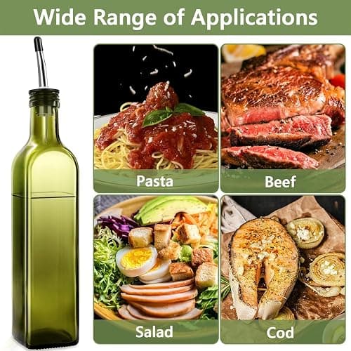 Leaflai 2 Pcs Green Glass Olive Oil Dispenser and Vinegar Dispenser Set with 2 Stainless Steel Pourers, 4 Labels, 1 Brush, 1 Funnel (500ml) for Kitchen, Cooking, Salad Dressing, Barbecue, Mixing thumbnail 5