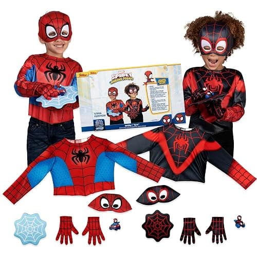 Marvel Spidey and Spin Official Toddler Dress-Up Set - Long-Sleeved Costume Tops with Fabric Half Masks, Gloves, Fabric Web Shields, and Mini Vehicles (3-4T) - Image 1