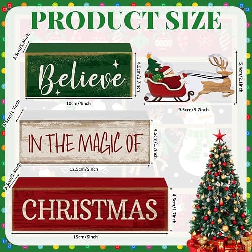Lineshading 4 Pcs Christmas Table Decorations Wooden Stacked Block Santa | Rustic Farmhouse Block Sign with Believe Message, Tiered Tray Decor for Home Shelf, Xmas Decorations for Mantel Party thumbnail 3