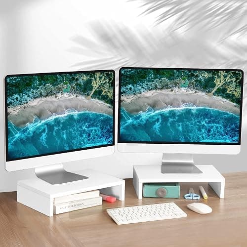 TEAMIX White Monitor Stand Riser, 2 Pack Wood | Dual Stand for 2 monitors. Holds 80 lbs, Stack or Separate Adjustable Use, Fits laptop, TV, PC. For Home Office, Gaming thumbnail 2