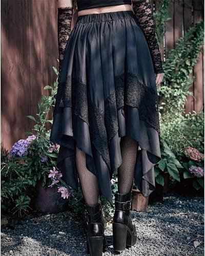 MATSUMIZUYU Flowy Gothic Punk Y2K Lace Midi Skirts for Women Medieval Steampunk Goth Layered Asymmetrical A-Line Skirt thumbnail 7