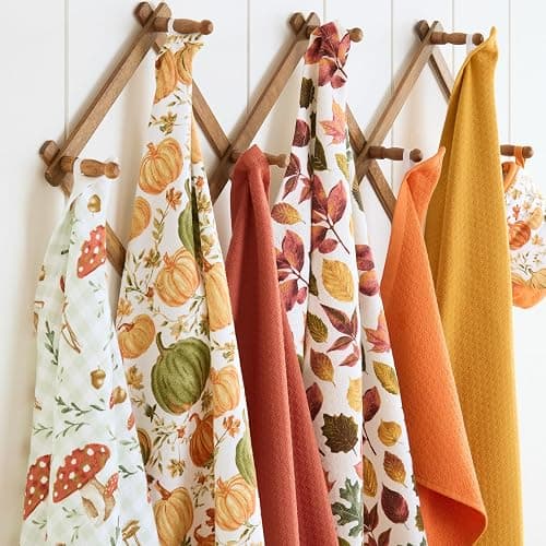 Martha Stewart Autumn Harvest Mushroom Plaid Kitchen Towel 3-Pack Set, 100% Cotton with Absorbent Terrycloth, Decorative Kitchen Towels, Burnt Orange/Green/White, 16"x28" thumbnail 4