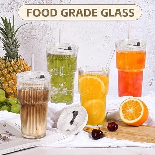 AFINSEA 20OZ Glass Tumbler with Straw and Lid,Glass Cups with Lids and Straws,Ribbed Iced Coffee Cups Vintage Glassware for Juice Whiskey Cocktail Beer thumbnail 2
