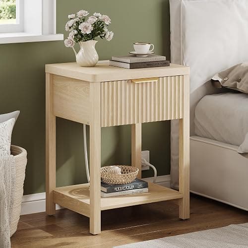 Lulive Fluted Night Stand with Drawers, Fluted Nightstand with Charging Station, Wood Modern Bedside End Table with Storage Drawer for Bedroom, Save Space (Set of 1, Natural Oak) thumbnail 4