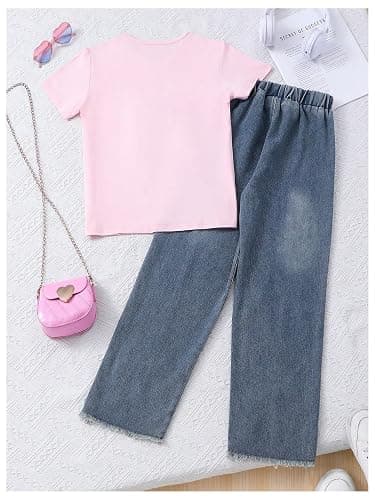 Verdusa Cute Outfits for Girls 10-12 Bows Summer Clothes Graphic Tees with Straight Leg Jeans Set - 8 Years - Pink thumbnail 2