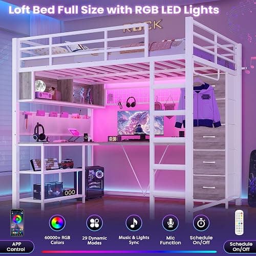 VIAGDO Loft Bed Full Size with L-Shaped Desk and 5 Storage Drawers, Full Size Loft Bed with Charging Station and LED Lights, Metal Loft Bed with Safety Guardrail & Ladder, Space-Saving (White) thumbnail 6