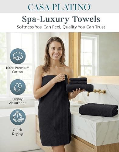 Casa Platino Towel Set Soft Absorbent Quick Dry 100% Cotton - Black | Bathroom Towel Set, Soft & Durable, Ring-Spun, Ideal for Spa & Home, with OEKO-TEX thumbnail 3