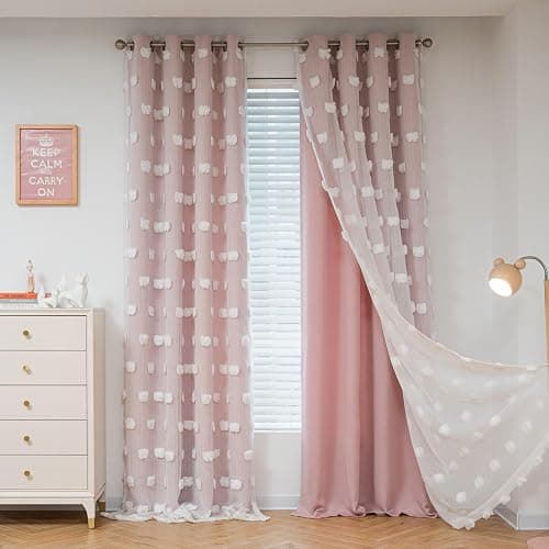 MYSKY HOME Pink Curtains for Girls Bedroom 84 Inches Long Blackout Nursery Curtains Double Layer Pom Pom Sheer Overlay Kids Toddler Room Decor Grommet Privacy Room Darkening Window Drapes 52 x 84 Inch - Image 1