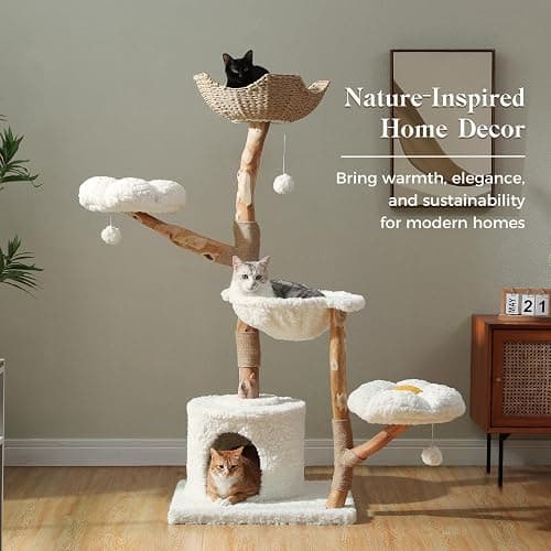 PAWZ Road Cat Tree for Indoor Cats Large Adults, 59 Inches Modern Cat Tower with Large Basket and Hammock, Natural Solid Wood, Luxury Condo & Dual Perches, Modern Cat Furniture for Big Cats, White thumbnail 7