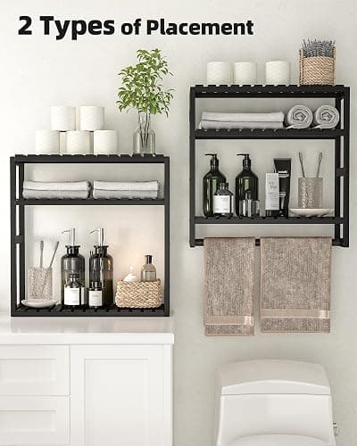 Galood Over The Toilet Storage Bathroom Shelves Wall Mounted 3 Tier Space Saver Corner Shelf Organizer Bamboo Towel Rack Toilet Paper Cabinet with Hanging Rod Black thumbnail 5