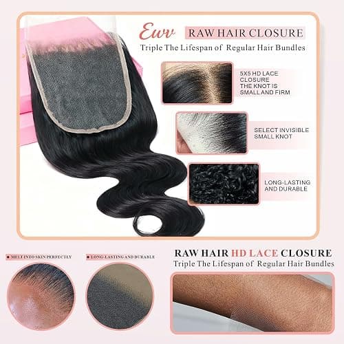 Bundles Human Hair 16 18 20+14 Inch 5x5 HD Lace 12A Body Wave Bundles with Closure 100% Unprocessed Brazilian Virgin Hair No Tangle Shedding Keep Texture Silky Soft for Women thumbnail 4