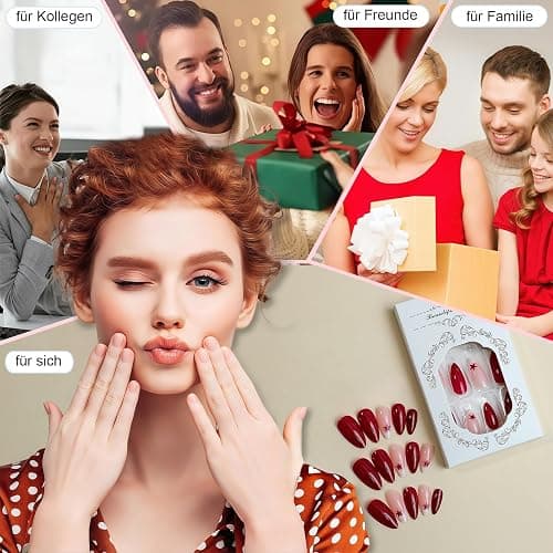 24 Stück Mittel Press on Nails Almond - Rot Finger Nägel - French Nails Press on mit Sternmotiv - Full Cover Künstliche Fingernägel Zum Aufkleben - Falsche Nägel für Frauen & Mädchen (Red Star) thumbnail 5