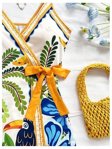 SOLY HUX Women's Tropical Print Mini Dress Summer Wrap V Neck Bow Tie Vacation Dresses thumbnail 4