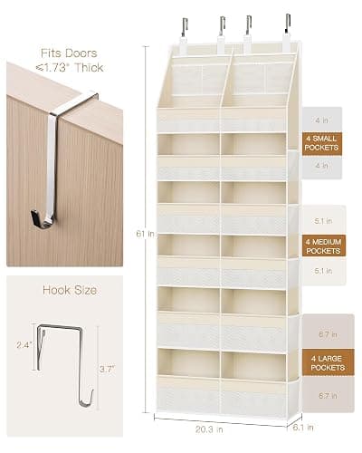Criusia Over the Door Organizer, Extra Large 12 Compartments Closet Hanging Storage with 14 Mesh Pockets, 85lbs Capacity Behind the Door Storage for Baby Nursery, Bathroom, Bedroom, and Dorm, Beige thumbnail 2