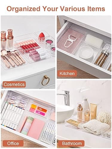 SMARTAKE 13-Piece Drawer Organizer with Non-Slip Silicone Pads, 5-Size Desk Drawer Organizer Trays Storage Tray for Makeup, Jewelries, Utensils in Bedroom Dresser, Office and Kitchen (Clear) thumbnail 6