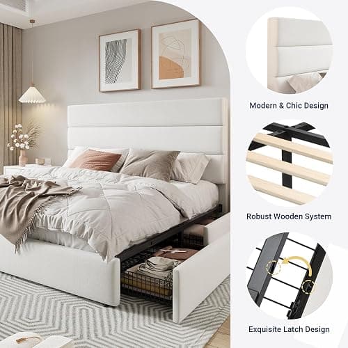 Allewie Modern Full Size Platform Bed Frame with 4 Storage Drawers and Velvet Upholstered Headboard, Wooden Slats Support, Upholstered Mattress Foundation/No Box Spring Needed/Easy Assembly, White thumbnail 6