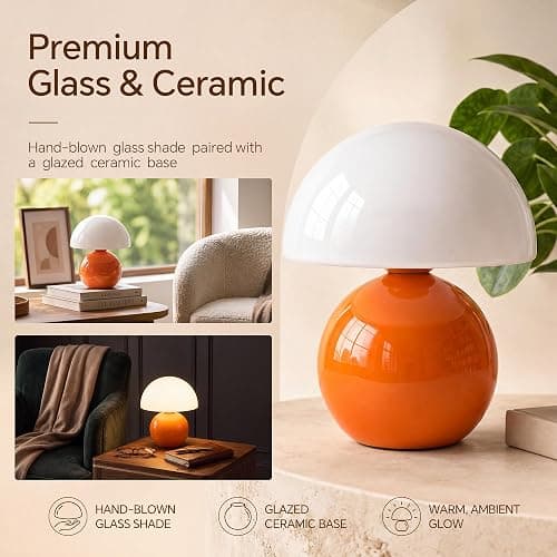 Dawnwake Mushroom Lamp Table Lamp for Bedroom-Small Desk Table Lamps,Orange | 8.7" Mid Century Modern Table Lamps for Living Room Bedroom Decor,Cute Ceramic Lamps for Mushroom Home Room Decor,Glass Shade thumbnail 3