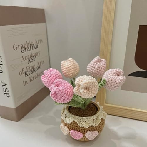JOMODECOR Handmade Crochet Tulip Bouquet Potted Plants, Knitted Artificial Forever Flowers with Exquisite Pot,Gift to Friends Women Kids,Perfect for Home Decorations, Office Desk(Pink) thumbnail 8