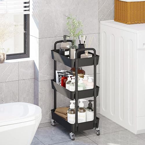 UDEAR 3-Tier Kitchen Rolling Utility Cart,Multifunction Storage Organizer with Handle and 2 Lockable Wheels for Kitchen,Bathroom,Living Room,Office,Black thumbnail 6