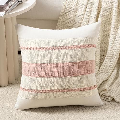 Fancy Homi Set of 1 Boho Pink Decorative Throw Pillow Cover 20x20 Inch for Couch Bed Sofa, Aesthetic Modern Organic Farmhouse Home Decor, Soft Cotton Cute Accent Macrame Woven Cushion Case - Image 1