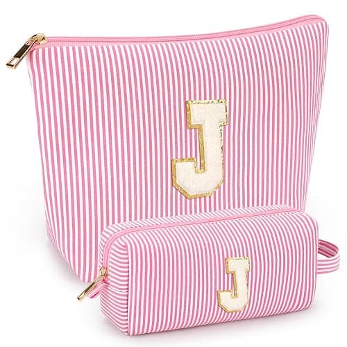 2 PCS Initial Makeup Bags for Women: Cosmetic Bag for Travel Toiletry - Birthday Gifts for 11 12 13 14 15 16 17 18 Years Old Girl Graduation Teacher Gift- Teen Girl Gifts Trendy Stuff - Pink J - Image 1