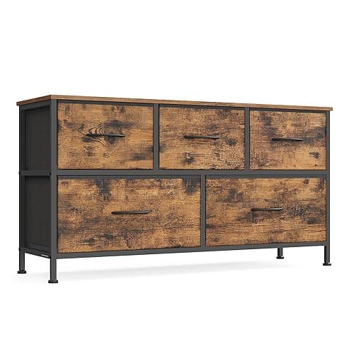 SONGMICS Dresser for Bedroom, Chest of Drawers, TV Stand, Steel, MDF, 5 Non-Woven Fabric Drawers, Storage Organizer Unit, Closet, Entryway, Rustic Brown and Ink Black ULGS322B02S - Rustic Brown + Ink Black - 11.8"D x 38.9"W x 20.6"H (5 Drawers)