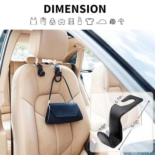 EldHus Headrest Hooks for Purses and Bags, 2 Pack Car Seat Hooks for Grocery Bag Handbag, Metal Car Purse Holder Covered by Leather, Black thumbnail 3