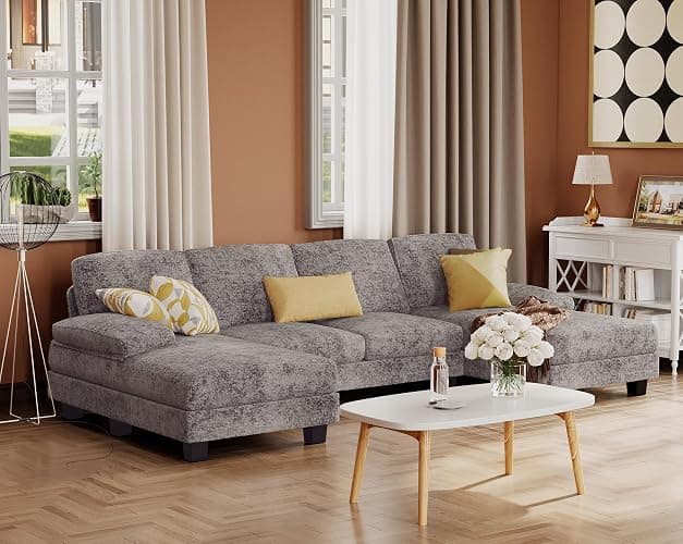 Furmax Sectional Couches for Living Room, U-Shaped Sofa Couch with Linen Fabric, 4 Seat Sofa Set with Double Chaise for Apartment (Fabric, Grey) thumbnail 7