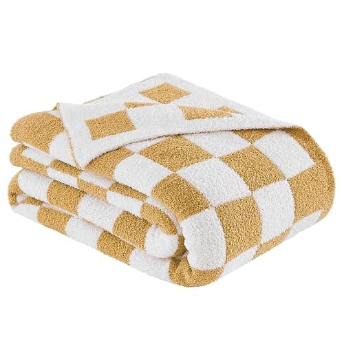 Cozzenity Checkered Throw Blanket, Khaki Soft Cozy Fluffy Knitted Throw Blankets for Couch, Sofa, Bed, Chair, Warm Fuzzy Travel Picnic Lightweight Plaid Blanket, 60x80 inches - Khaki - 60×80 Inch thumbnail 6